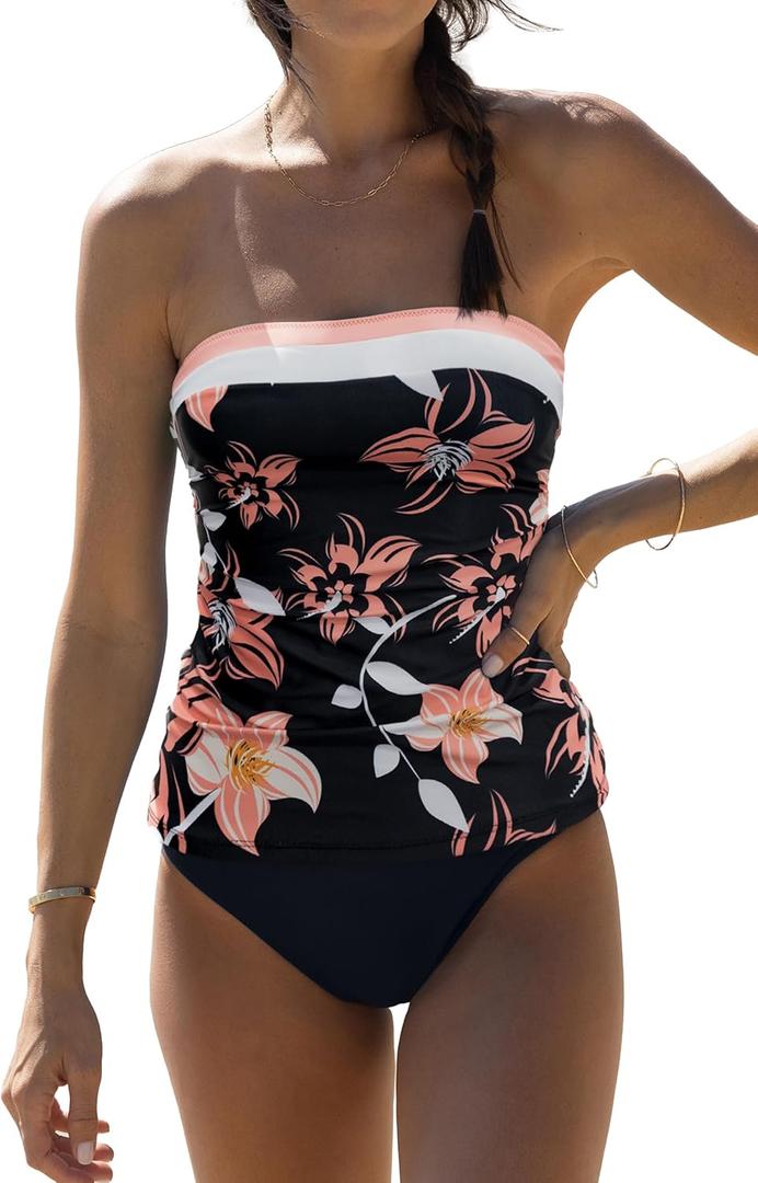 Beachsissi Bandeau Swimsuits for Women Strapless Swimwear Bathing Suits Tummy Control Color Block Tankini Sets (Large, Black Flower)