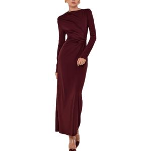 YOXUA Women Elegant Casual Long Sleeve Sexy Bodycon Lounge Temperament Crewneck Maxi Dress (Medium, Red)