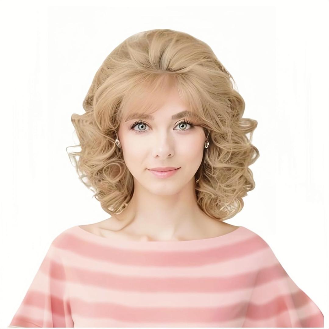 Rugelyss Vintage Short Blonde Beehive Wig with Bangs Curly Wavy Heat Resistant Synthetic Hair Wigs for Women fits 70s 80s Costume or Halloween and Party