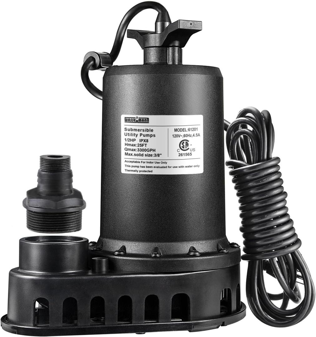 WASSERMANN 1/2HP Submersible Water Pump,3300GPH Thermoplastic Utility Pump Electric Portable Transfer Clean/Dirty Sump Pump for Pool Tub Garden Pond Draining with 10 FT Cord