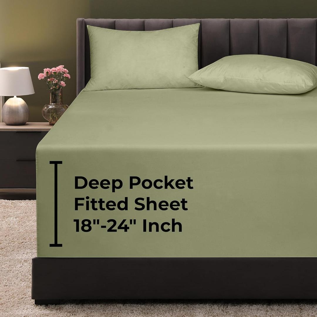 Royale Linens Extra Deep Pocket Queen Fitted Sheet Only - Queen Size Deep Pocket Sage Green Fitted Sheet -Fits 18 to 24 inch Thick Mattress- Soft & Breathable Elastic Sheets (60x80 Inches, Sage Green)