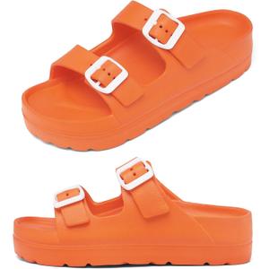 Womens Platform Sandals with Arch Support, Adjustable Buckle Beach Sandal Woman Comfort Lightweight Ultra Cushion EVA Slides (9, Double Buckle-orange)