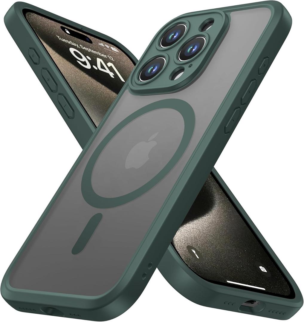 ImpactStrong Magnetic Guard Designed for iPhone 15 Pro Max Case [Camera Protection] [Military Grade Drop Tested] [Compatible with MagSafe] Slim Translucent Matte Phone Case (6.7") - Dark Green