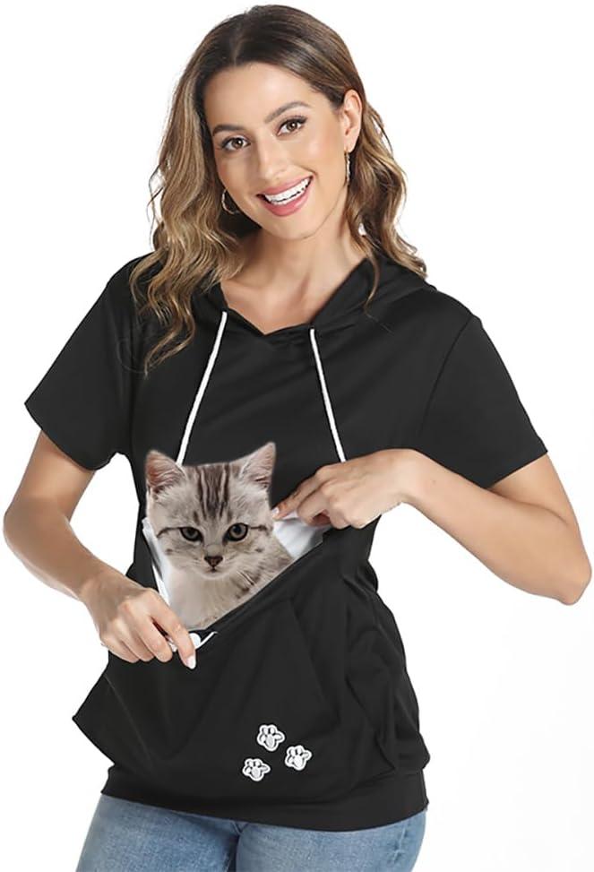 Women Big Pouch Shirt Pet Holder Pocket Top Short Sleeve Solid Color T-Shirt, Large 