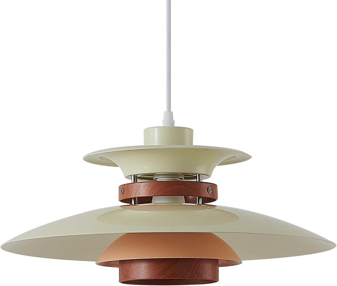 EFINEHOME Modern Decor Adjustable Pendant Lamp Kitchen Island, Aluminum and Wood Finish,1-Light E26 Base Ceiling Hanging Light for Dining Room Shop Restaurant (Beige+Dark Wood Grain, 40cm)