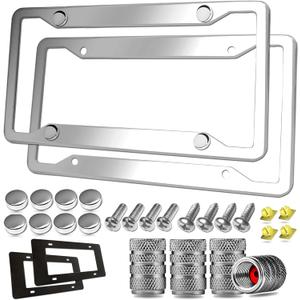 Stainless Steel License Plate Frames- 2 Pack Mirror Polished Car Plate Holder, with Screws, Chrome Caps, Heavy Duty Rustproof Metal Front Rear Car Tag Frame