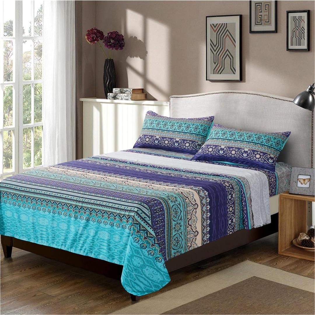 Boho Sheets Set King Size(4PCS) Bohemian Colorful Tribal Bedding Sheets Set 14'' Deep Pocket Boho Aztec Fitted Sheet Soft Microfiber, 1 Flat Sheet 2 Pillowcases