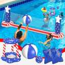 Gardentime Inflatable Volleyball Net and Basketball Hoops Pool Floating Toys Swimming Water Games for Adults and Kids 8-12 Teens Volleyball Court (122”x25”x40”) American Flag Summer Floaties