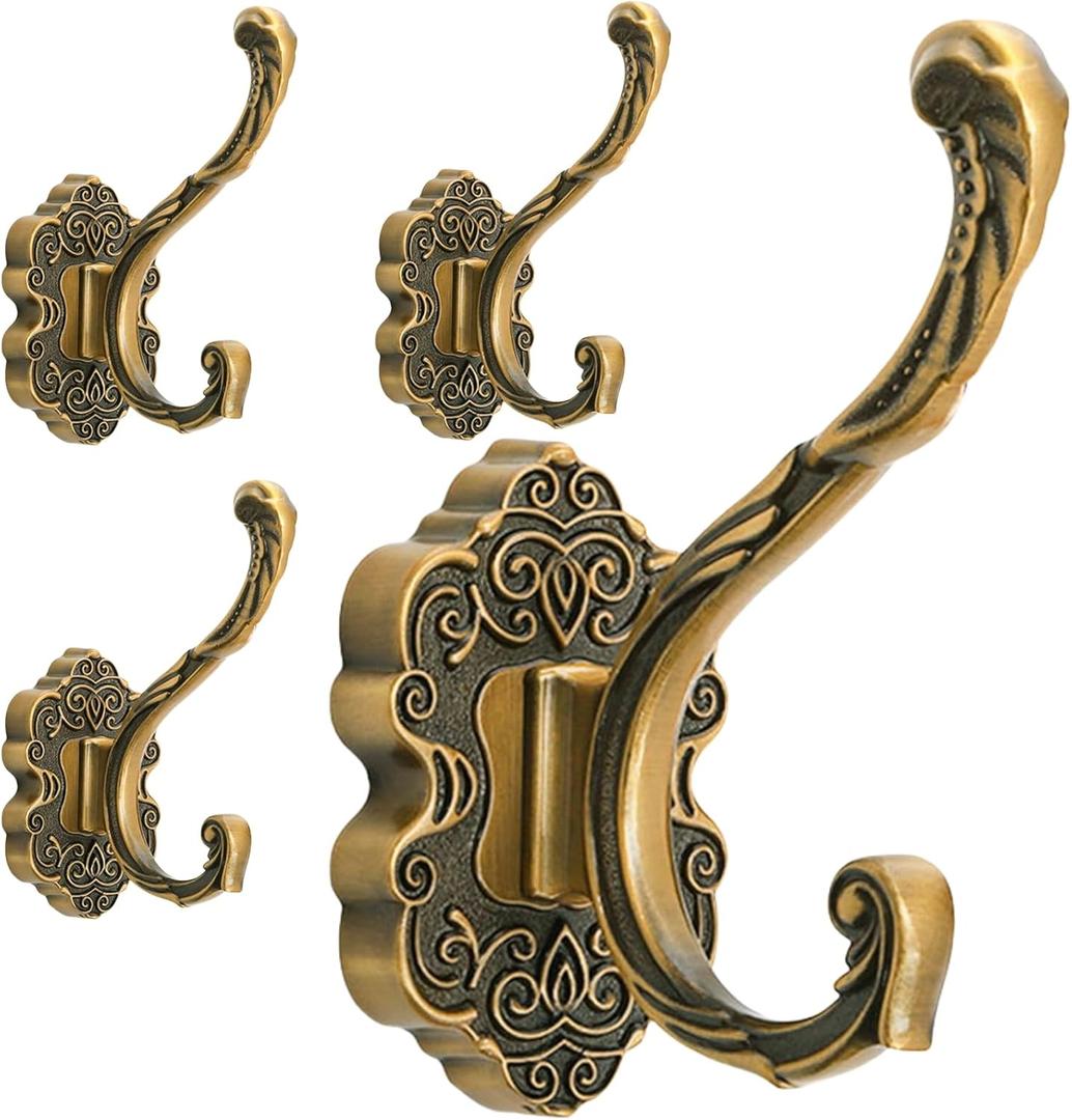 Peohud 4 Pack Vintage Coat Hooks, Antique Brass Wall Hook, Gold Decorative Towel Hooks Wall Mounted Hanger for Key, Bags, Hat, Scarves, Clothes, Entryway, Bedroom, Bathroom