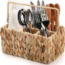 Wicker Flatware Organizer, Woven Divided Utensil Caddy, Water Hyacinth Cutlery Holder, Picnic Silverware Flatware Storage Basket Carrier with Handle for Countertop, Forks, Knives, Spoons