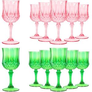 LemonRoad 12 Pcs Pink and Green Plastic Wine Glasses Holiday Party Vintage Plastic Goblets Drinking Glasses for Wedding Reception Bridal Showers Grand Event Party Supplies