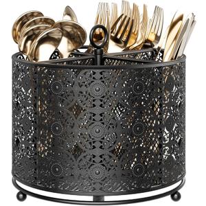 360° Rotating Utensil Caddy Countertop - Cutlery Silverware Caddy Holder with 4 Compartment - Higher Raised Flatware Organizer with Handle for Party Kitchen Counter Office Black