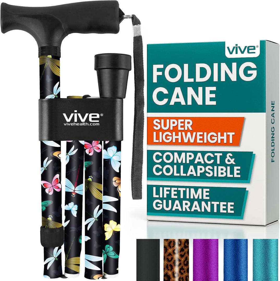 Vive Folding Cane - Foldable Walking for Men, Women Fold-up, Collapsible, Lightweight, Adjustable, Portable Hand Stick Balancing Mobility Aid Sleek, Comfortable (Black Butterfly)