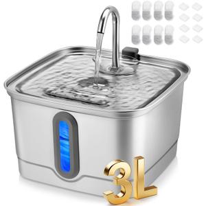 Stainless Steel Cat Water Fountain, 101oz/3L Automatic Pet Water Fountain, Dog Water Fountain with Replacement Filters for Cats, Small Dogs (8 Filters and 8 Sponges)