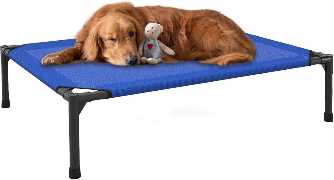 FIOCCO Elevated Dog Bed - Dog Cot with Chew Proof Mesh for Medium Dogs, Waterproof Washable Raised Pet Bed, Portable Pet Bed for Outdoor Use, Dogs Cot Beds, Blue (30.0"L x 23.0"W x 7.7"Th)