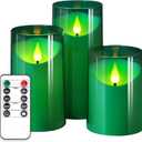 NURADA Flameless Candles: 3D Wick Battery Operated LED Pillar Acrylic Fake Candles with Remote and Timer for St. Patrick's Day Home Holiday Christmas Party Table Decor - 3 Pack Green (4" x 5" x 6")