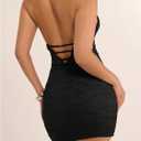 SweatyRocks Women's Sexy Deep V Neck Lace Halter Mini Dress Open Back Bodycon Club Dresses Rave Outfits (Black, L)