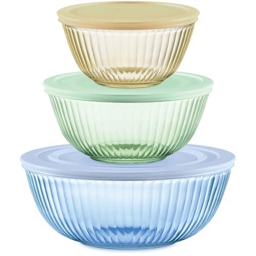 Pyrex Sculpted Tinted 6-Piece Glass Mixing Bowl Set with Airtight Plastic Lids, 1.3qt Amber/2.3qt Green/4.5qt Blue