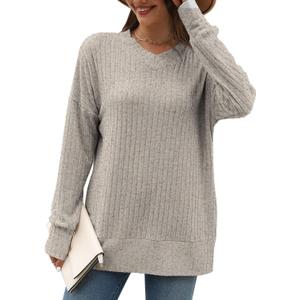 Sweater for Women Top Oversized Fashion Sweater Soft Striped V Neck Long Sleeve Pullover Sweatshirt (XL)