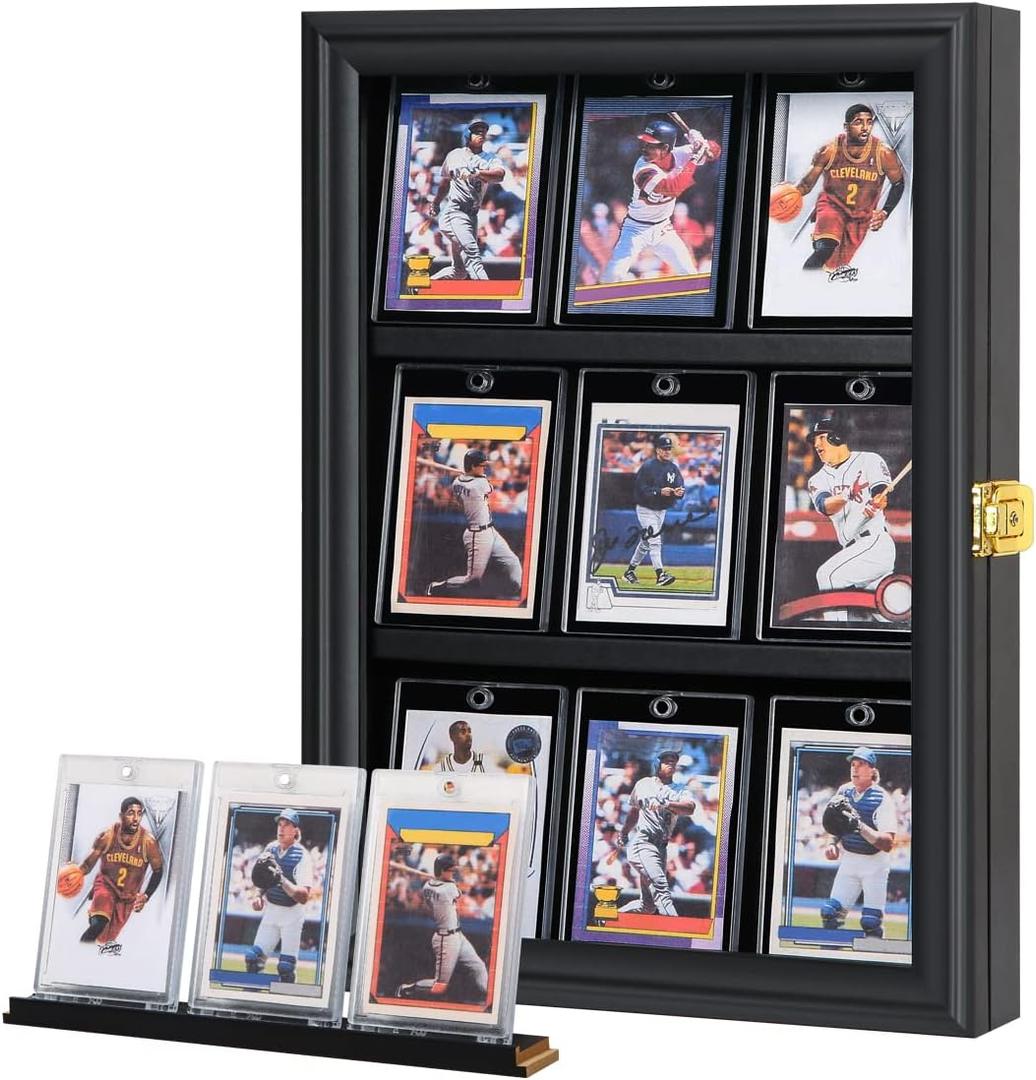Verani Baseball Card Display Case - Sports Card Display Frame - Holds Sport Cards with UV Protection Clear View Lockable Wall Cabinet for Football Basketball Hockey Trading Card Black, Small-Vertical-Black