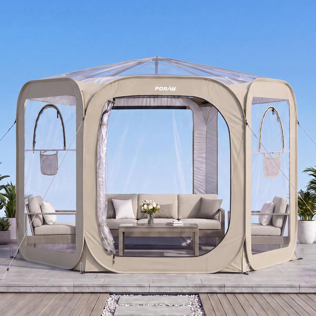 Porayhut Pop up Bubble Tent Screen House 10’X10’Large Camping Sun Shelter,Weather and Cold Proof Pod with Detachable Sunshade Cloth,Waterproof Floor,2 Zipper Doors & 4 Mesh Breathable Windows