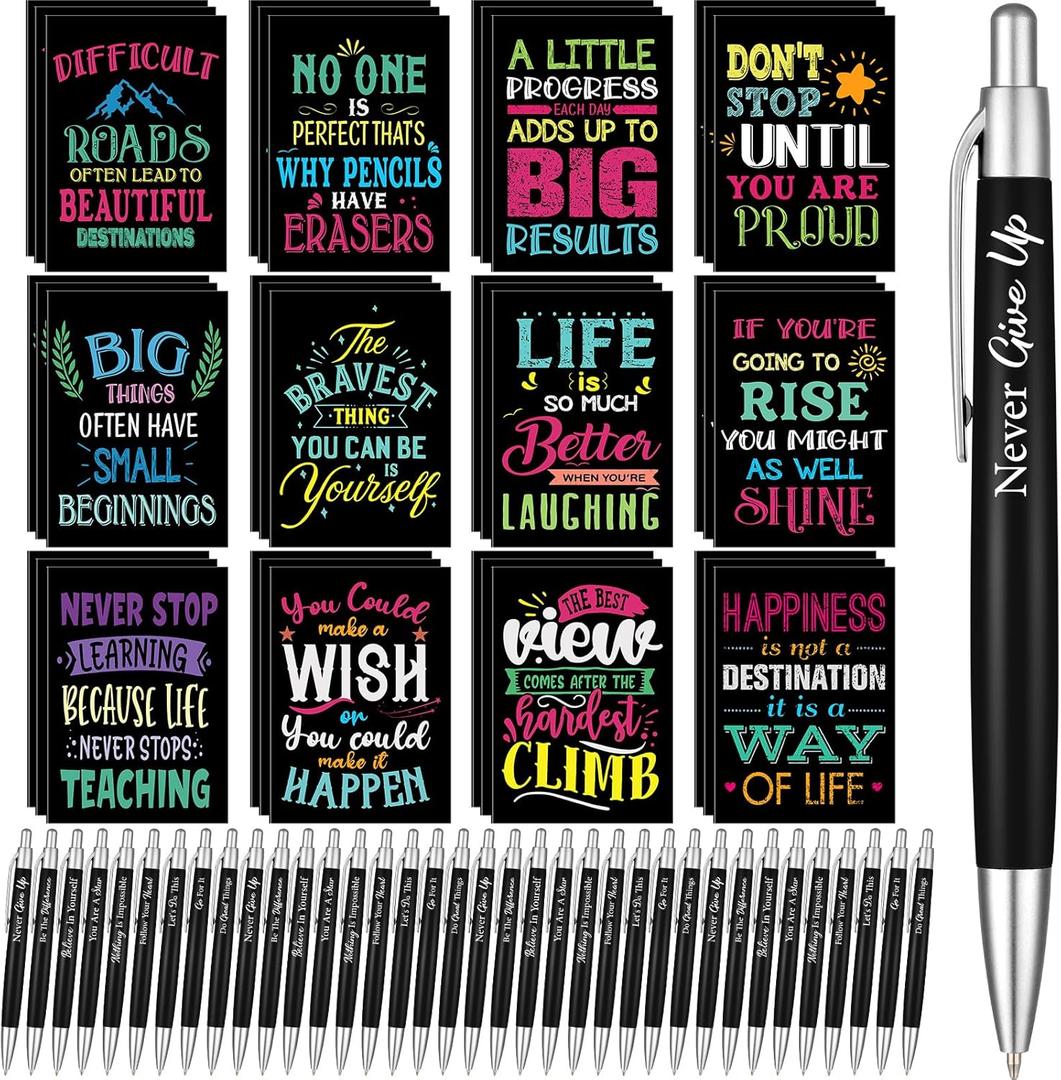 Yeaqee 72 Pcs Motivational Pens Notepads Gifts Set Inspirational Quote Ballpoint Pen Small Notebook Mini Journal Bulk Present Idea for Teacher Coworker Gifts Women Office School(Inspirational)