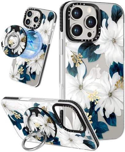 Lotadilo Case for iPhone 16 Pro Max Case Compatible with Magsafe Ring Holder Stand - for Women Blue Flower Design TPU Phone Cover for Girls Girly Funny Fashion