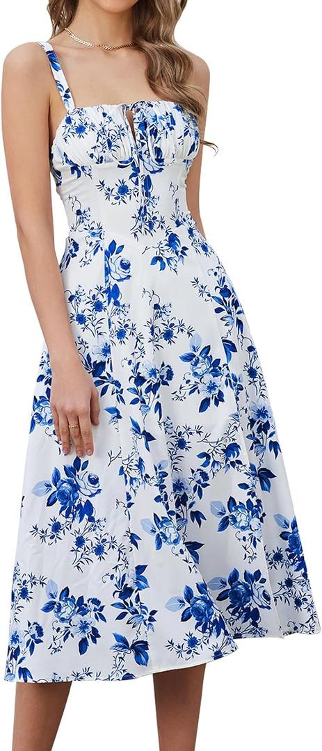 Women Summer Corset Midi Dress 2026 Floral Wedding Guest Flowy Slit Lace Up Dresses Tea Party A Line Casual Milkmaid Sundress (White, S)