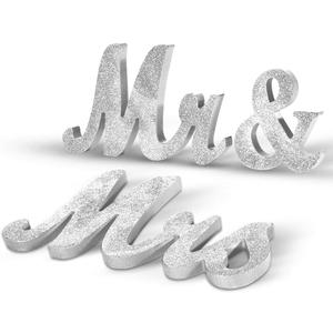 Adeeing Vintage Style Silver Glitter Mr and Mrs Signs for Wedding Sweetheart Table, Wooden Freestanding Letters, Photo Props, Rustic Decoration, Anniversary Shower (Large)