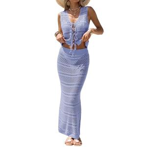 Fisoew Womens Summer Crochet Cover Up 2 Piece Skirt Sets Sleeveless Crop Cardigan Tank Tops Swim Beach Boho Coverup Set Purple Blue Large
