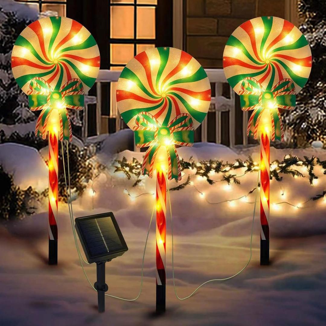 Set of 3 Solar Christmas Lights Decorations with 8 Lighting Modes, Solar Lollipop Pathway Stakes Lights, Outdoor Christmas Decor for Garden, Yard, Porch (Xmas Lollipop)