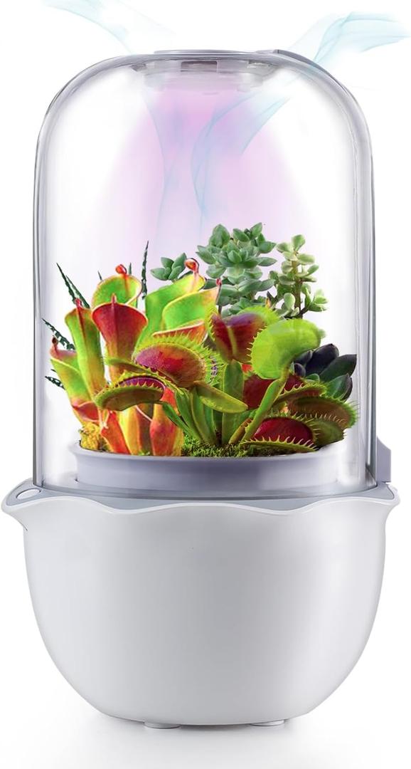 Smart Venus Fly Trap Terrarium Pot with Timer&Fan,Succulent Planter with Grow Light,Indoor Plant Terrarium Kit for Carnivorous Plants,Sundew Moss,Cactus, for Dad (No Plant) (White)