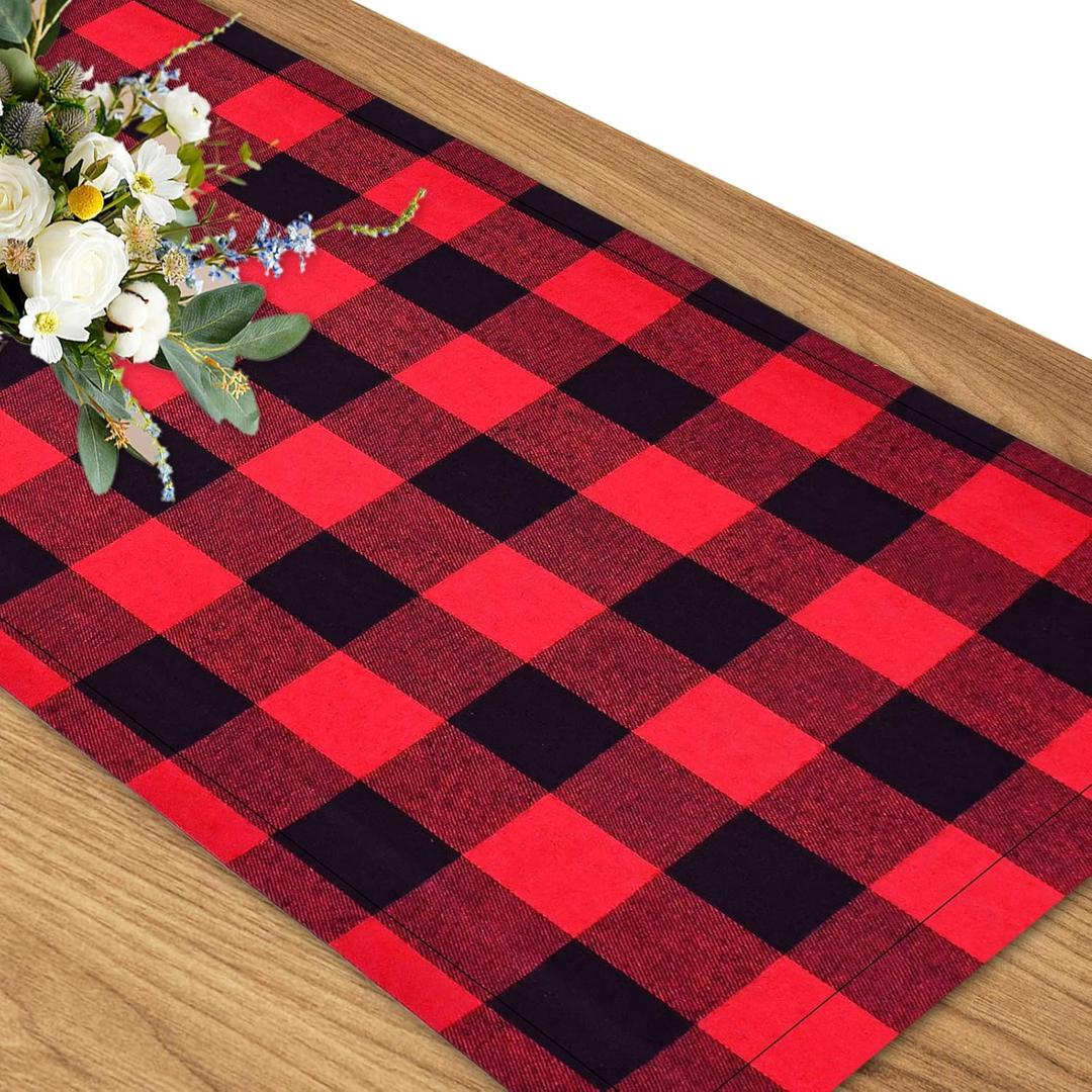 Senneny Buffalo Check Table Runner Cotton Red and Black Plaid Classic Stylish Design for Family Dinner Christmas Holiday Birthday Party Table Home Decoration (Red and Black, 14 x 36 Inch)