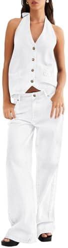Fisoew Women's Two Piece Denim Set Button Down Backless Tank Top and Wide Leg Jeans 2 Piece Outfit Suits M