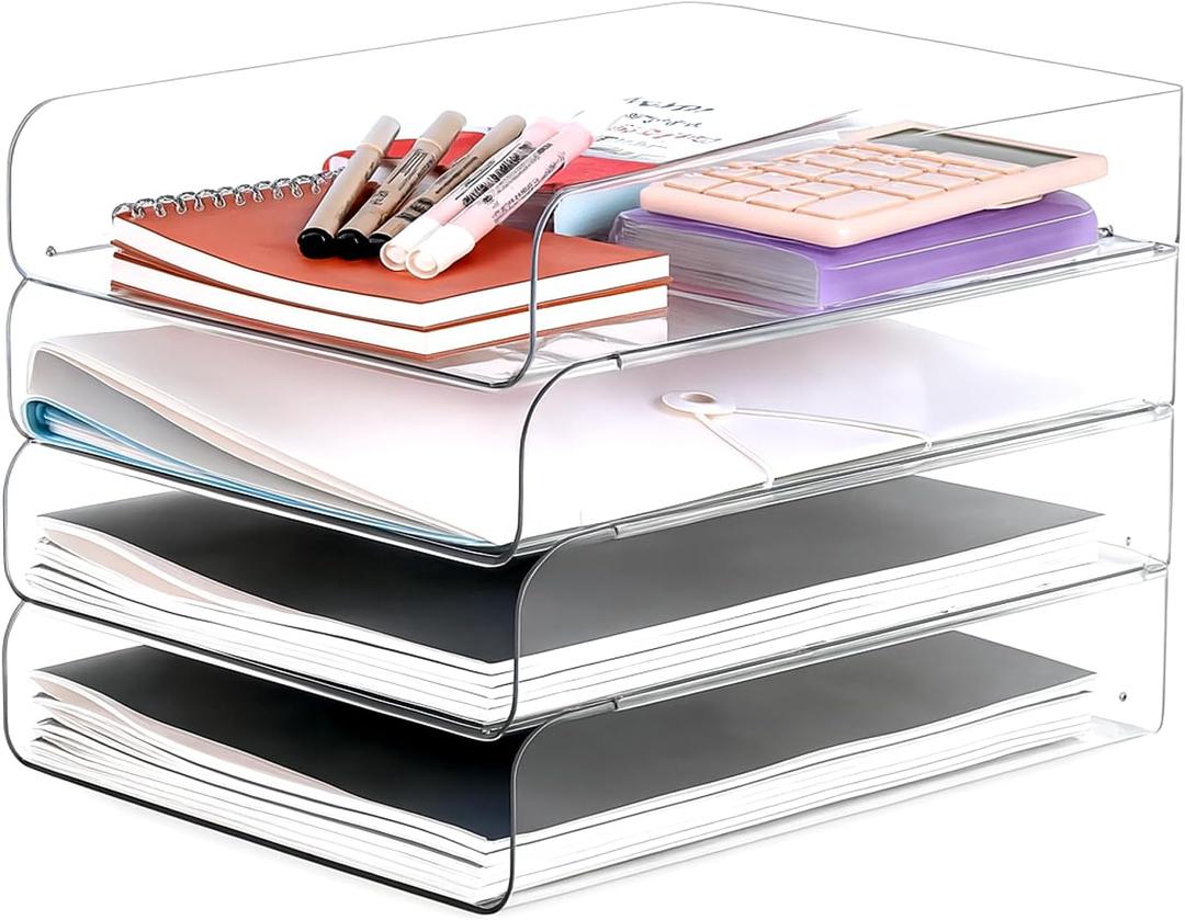 Set of 4 Office Organization and Storage, Clear PET Letter Tray Desk Organizer, Stackable Document Organizer and File Paper Organizer for Office Supplies (12.5" x 9.6" x 10.5")