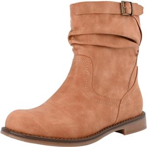 Shoe'N Tale Women's Mid Calf Boots Slouchy Round Toe Flat Low Heel Riding Boots With Side Zipper