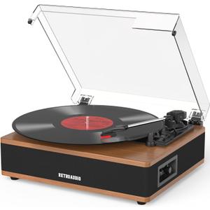 Vinyl Record Player Bluetooth Turntable with Built in Stereo Speakers Belt Drive 3 Speeds Turntables for Vinyl Records Support RCA Output, Aux in, Auto Stop Walnut Wood
