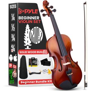 Pyle 4/4 Full Size Acoustic Violin Premium Solid Wood  Complete Violins Set with Hard Case, Bow, Extra Strings, Rosin, Full Accessories Kit - Mobile App Tuner 2 Month Free Lessons for Kids & Adults