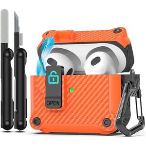 RFUNGUANGO for Airpods 3rd Generation Case with Secure Lock Clip, Full Body Shockproof Hard Shell Protective, AirPods 3 Case for with Apple AirPod 3rd Gen 2021 [Front LED Visible] -Carbon Fiber Orange
