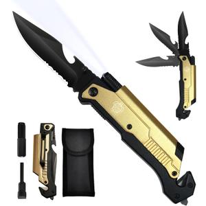 8.5" Military Outdoor Hunting Camping Pocket Knife, 7 in 1 Multi-Function Folding Knives with Fire Starter LED Light Seatbelt Cutter Glass Breaker Bottle Opener Tactical Blade (Gold)