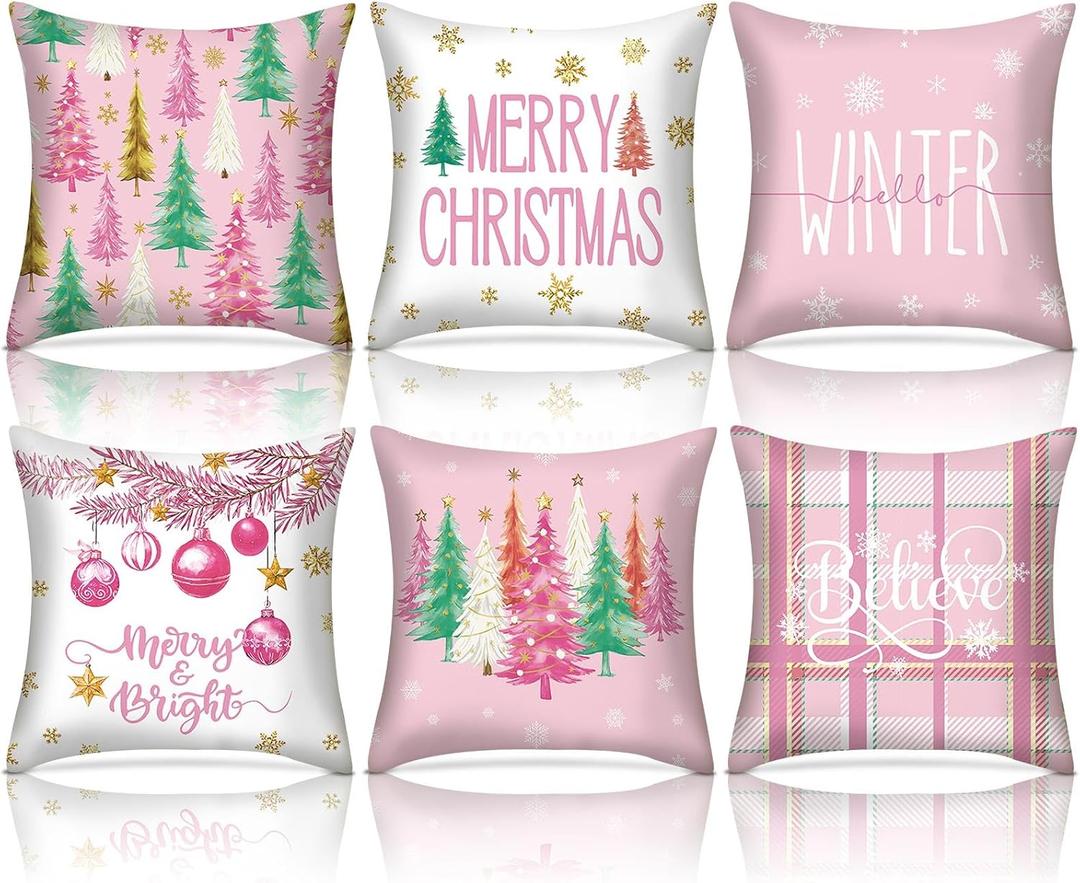 6 Set Pink Winter Throw Pillow Covers Winter Watercolor Pillow Cover 18 x 18 Inch Holiday Cushion Case Decor Seasonal Decorative Outdoor Pillowcase for Couch Sofa Porch Farmhouse