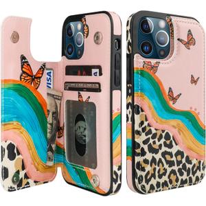 HAOPINSH for iPhone 12/12 Pro Wallet Case with Card Holder, Butterfly Leopard Cheetah Print Back Flip Folio PU Leather Kickstand Card Slots Case for Women Girls, Double Magnetic Shockproof 6.1"