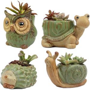 Small Ceramic Succulent Pot with Drainage, Animal Succulent Planter, 4.4 Inch Flower Pots, for Flower, Cactus, Mini Succulent Plants, Indoor and Outdoor use, Set of 4 Garden Gift