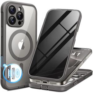 BERFY for iPhone 16 Pro Case, Compatible with MagSafe, Built-in Privacy Screen Protector, Camera Protection, Shockproof Full Body Phone Case 6.3", Clear Grey