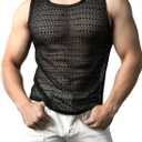 JOGAL Mens See Through Lace Shirts Sleeveless Muscle Tops (Black, S)