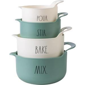 Rae Dunn Non-Slip Mixing Bowls - 4 Piece Nesting Plastic Mixing Bowl Set with Pour Spouts and Handles-Measurement Markings (Sage)