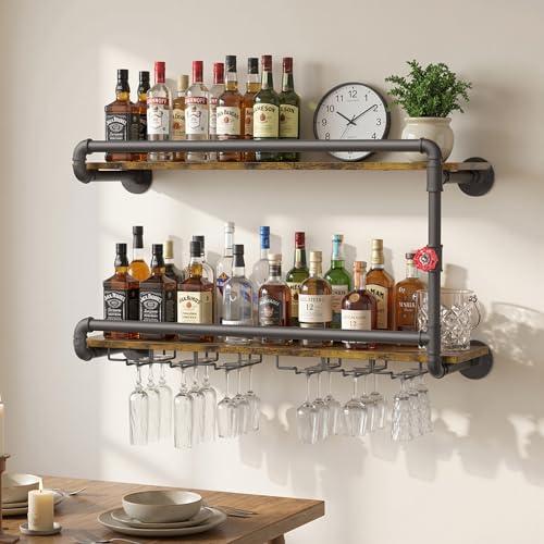 Merapi Industrial Wall Mounted Wine Rack - 2 Tier Floating Bar Shelf with Integrated Dual Glass Holder, Rustic Pipe Design Liquor Storage for Kitchen, Heavy Duty Metal & Wood Construction