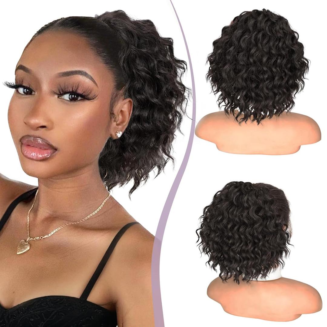 Isaic Ponytail Extension 8 Inch Short Curly Ponytails Drawstring Ponytail for Black Women Natural Black Wavy Pony Tails Hair Extensions Synthetic Hairpiece For Daily Use