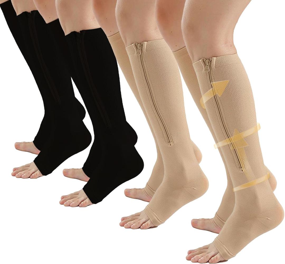 4 Pairs Zipper Compression Socks Women & Men, 15-20 Mmhg Compression Socks with Zipper, Medical Compression Toeless Lining Socks with Zipper for Varicose Veins, Edema, Recover (Large-X-Large, Black/Beige Open Toe)