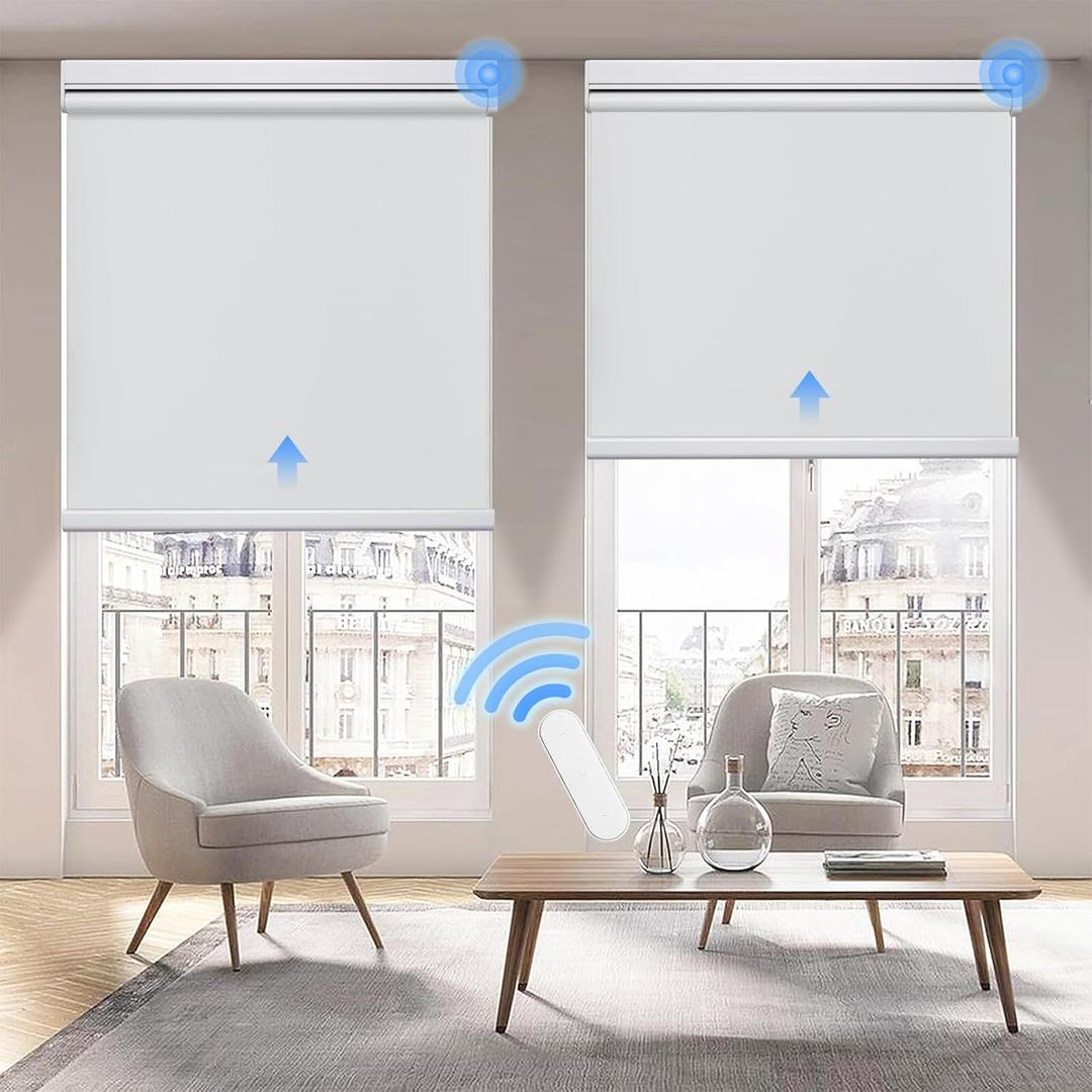 Grandekor Motorized Roller Shade with Remote Control,Motorized Blinds 100% Blackout Electric Shades, Cordless Window Blinds Shades for Bedroom Living Room Office,White,W23 xH72